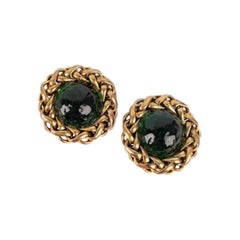 Vintage Chanel Golden Metal Green Clip-on Earrings, 1980s