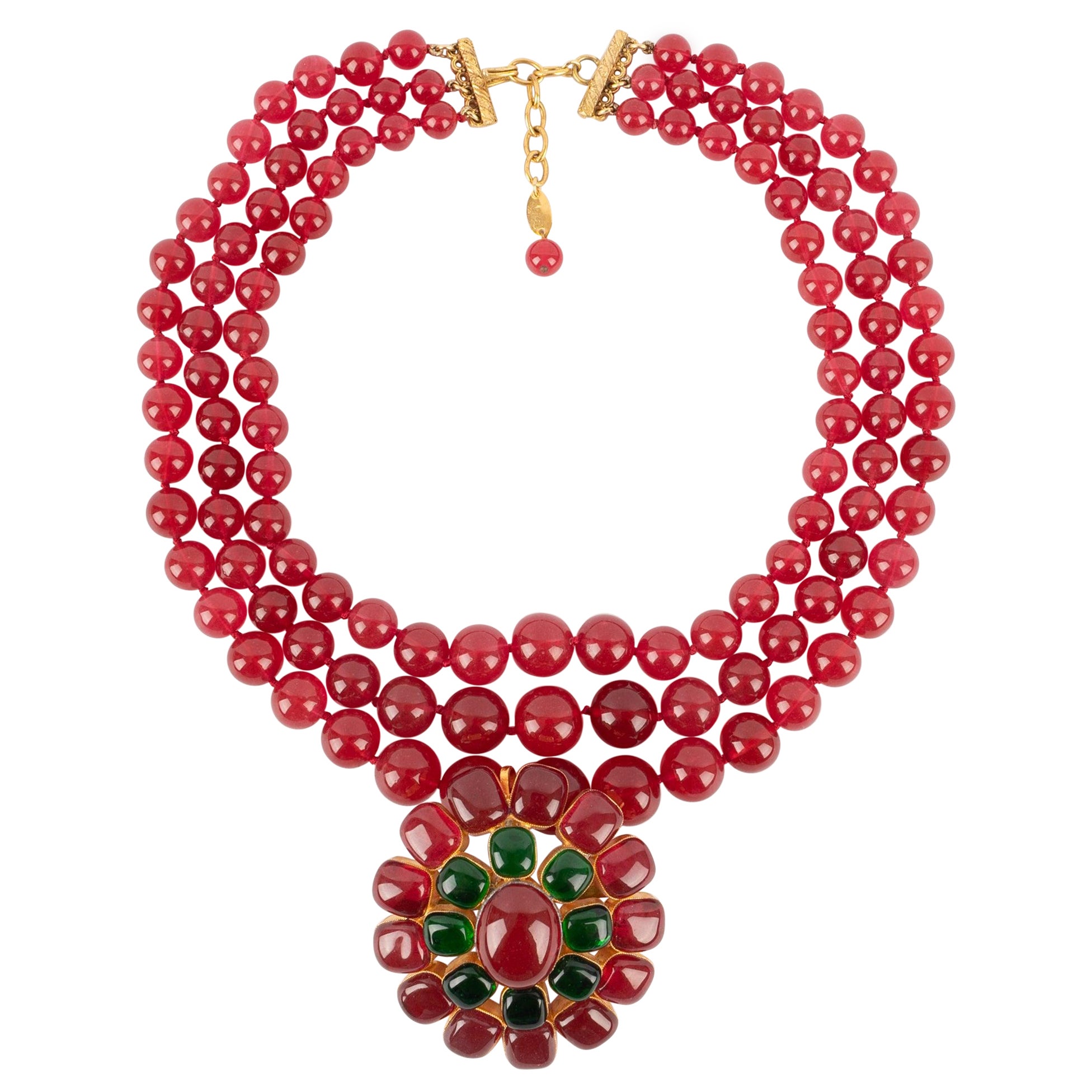 Chanel Three-Row Red Glass Paste Pearl Necklace For Sale