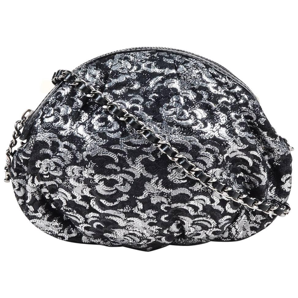 Chanel Black Silver Metallic Camellia Flower Jacquard Silver Chain Pouch Bag For Sale