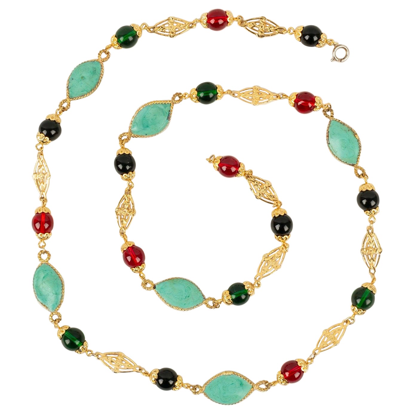 Collana Gripoix in metallo placcato oro e pasta di vetro, anni '1960