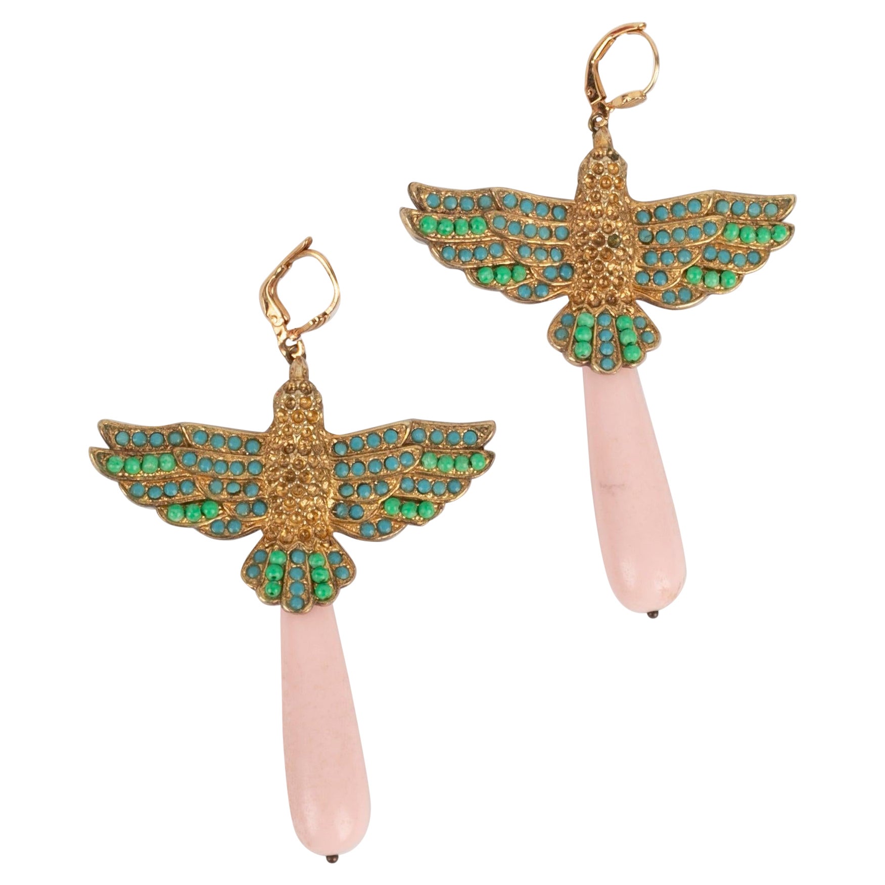 Golden Metal Earrings Representing Bird For Sale