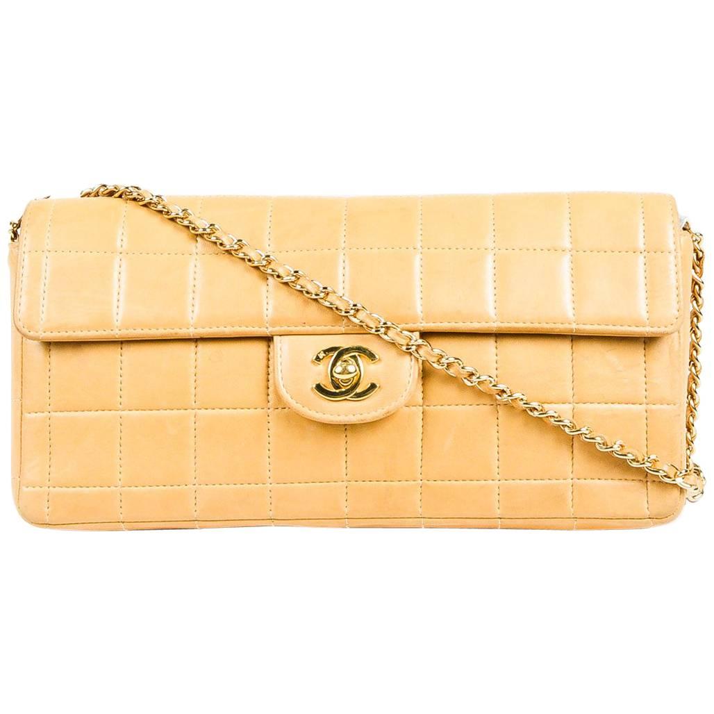 Chanel Tan Leather Quilted Gold Chain "East West Chocolate Bar" Shoulder Bag For Sale