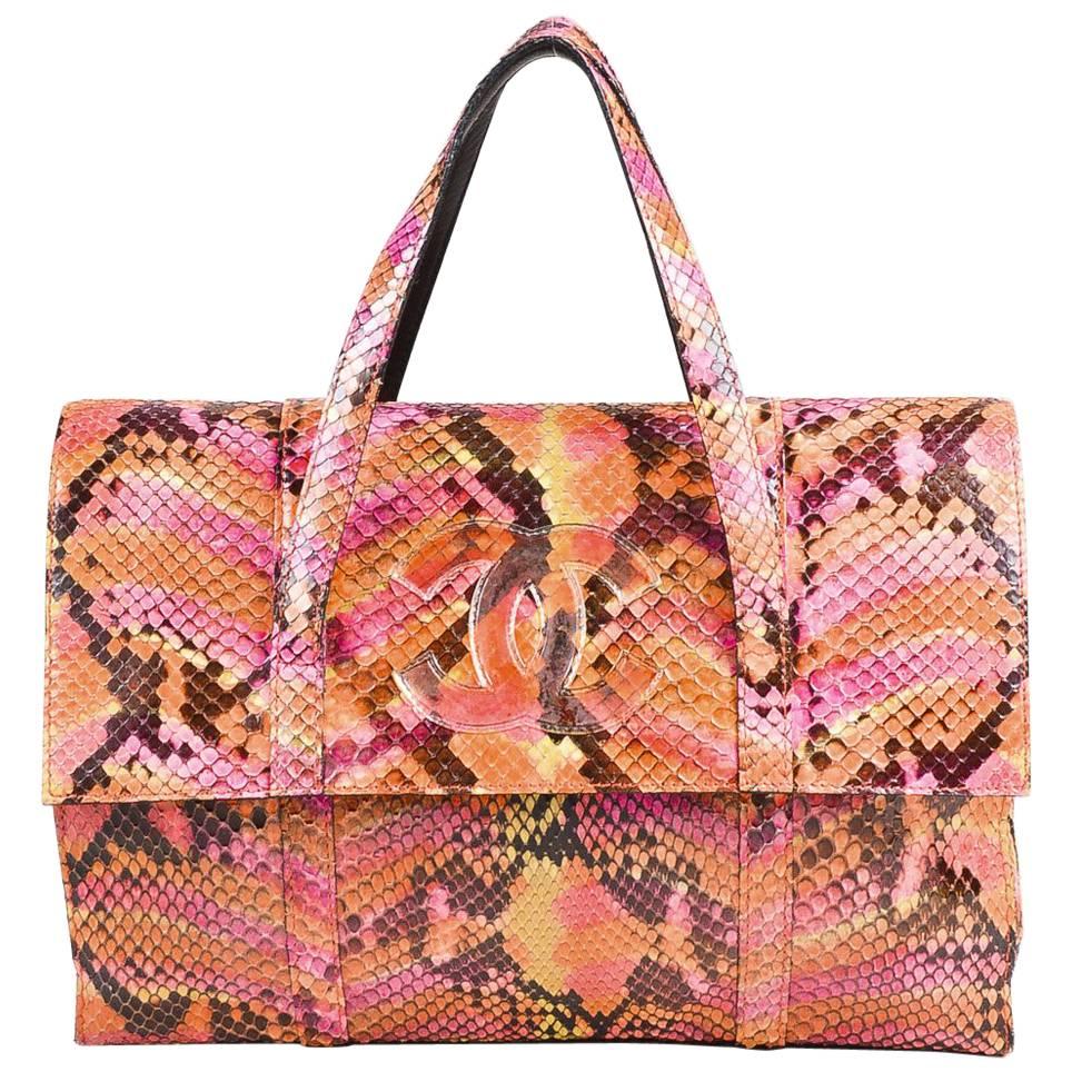 Chanel Pink Orange Multicolor Python Snakeskin 'CC' Top Handle Flap Clutch Bag For Sale