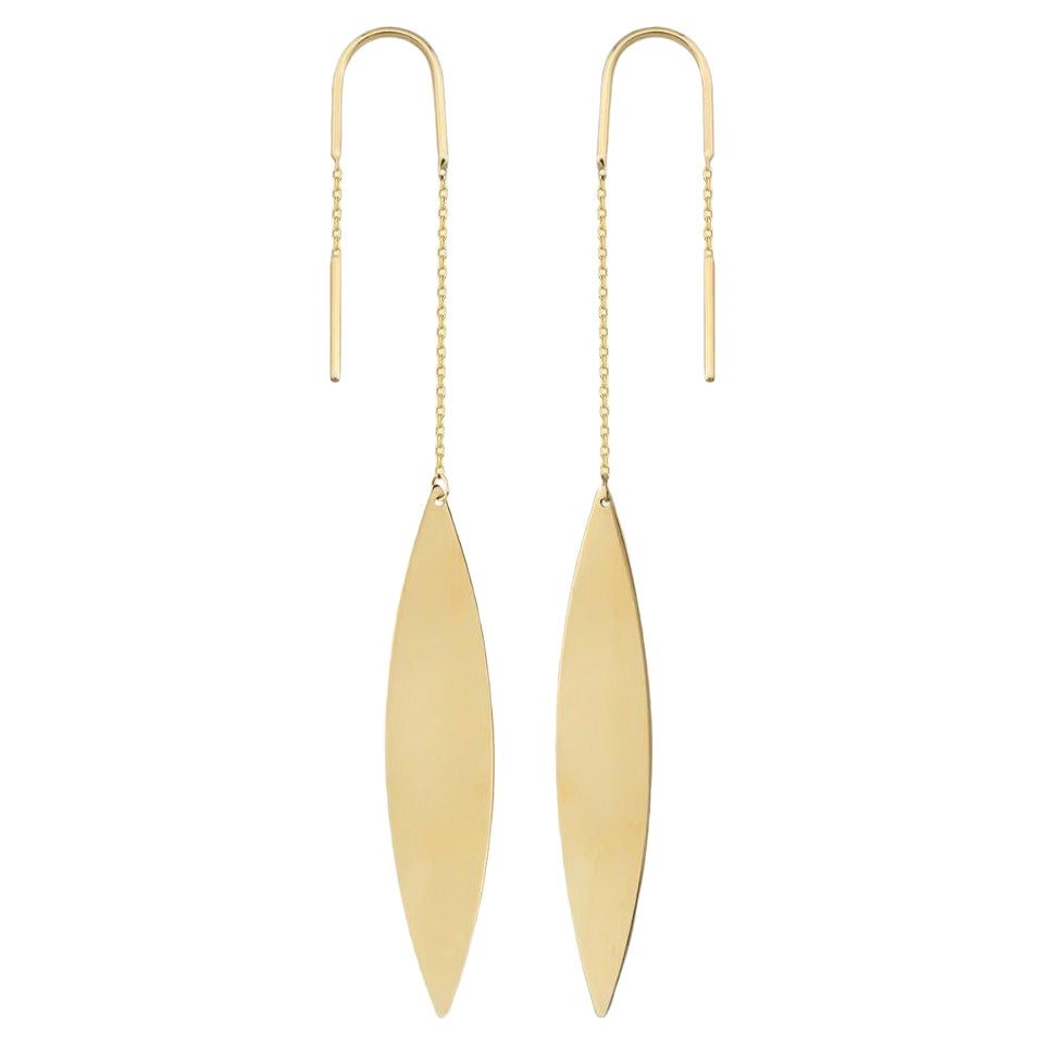 Oval Threader Earrings in 14K Solid Yellow Gold