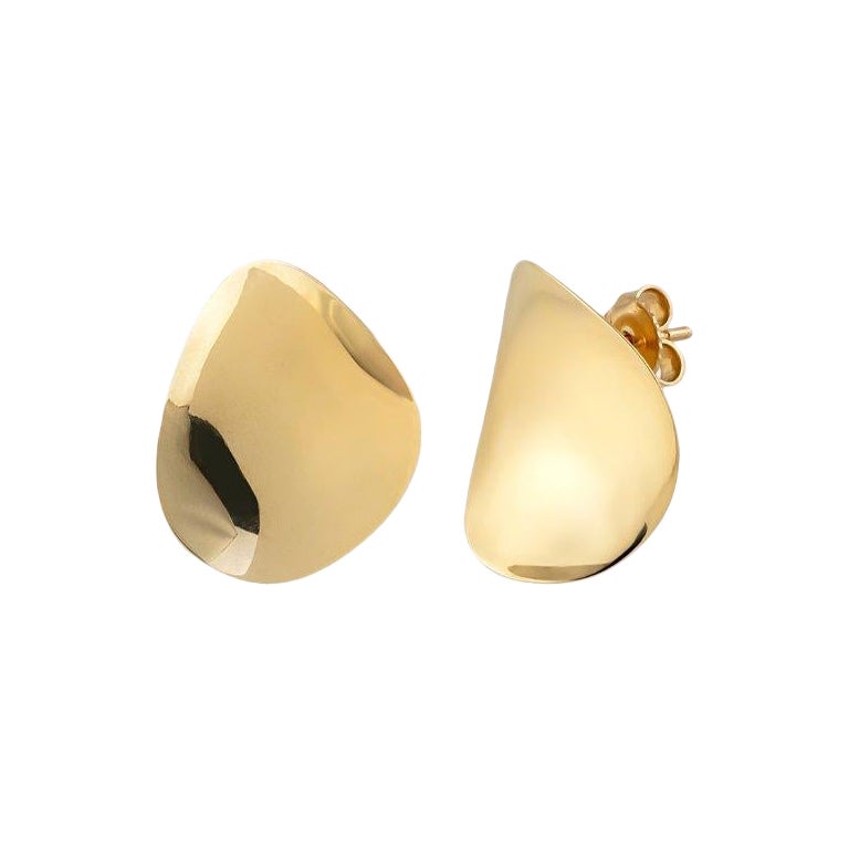 Abstract Concave Stud Earrings in 14K Solid Yellow Gold For Sale