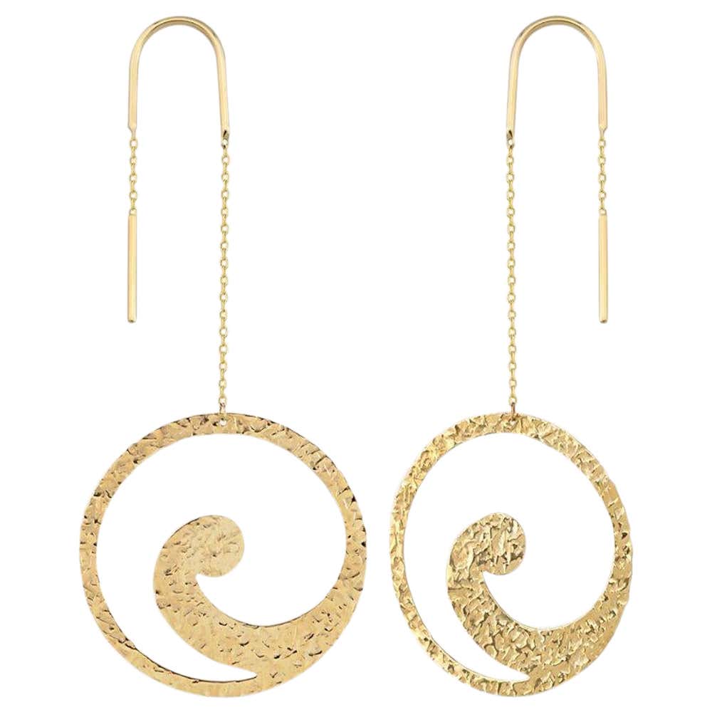 Hammered Wave Threader Earrings in 14K Solid Yellow Gold For Sale at ...
