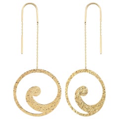 Hammered Wave Threader Earrings in 14K Solid Yellow Gold