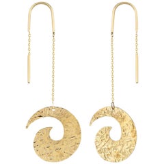 Threader Hammered Wave Earrings in 14K Solid Yellow Gold