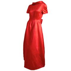 Retro Brilliant Valentino Red Silk Evening Gown with Low Cut Back + Bow Size 10 1990s 