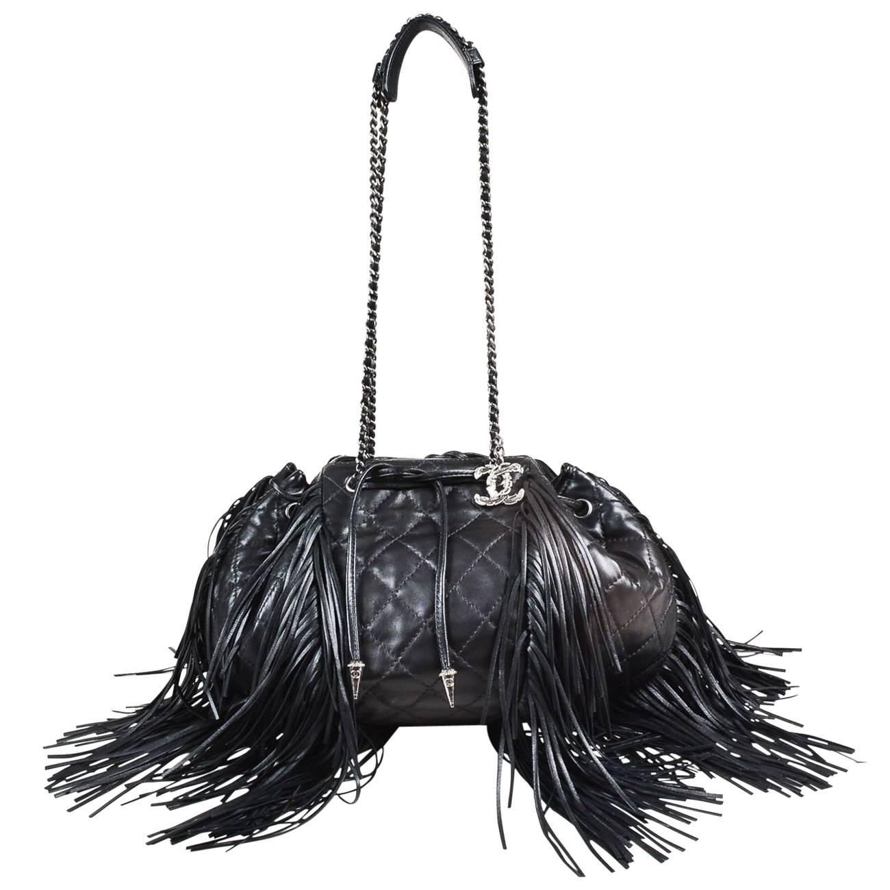 Chanel Black Lambskin Leather Quilted "Paris Dallas" Drawstring Fringe Bag For Sale