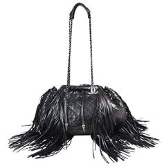 Chanel Black Lambskin Leather Quilted "Paris Dallas" Drawstring Fringe Bag