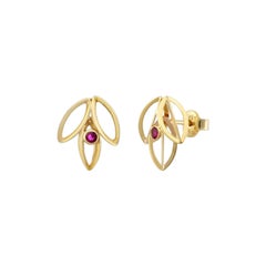 Ruby Lotus Stud Earrings in 14K Solid Yellow Gold