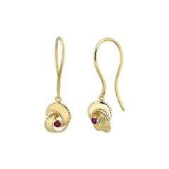 Ruby Diamond Hook Earrings in 14K Solid Yellow Gold