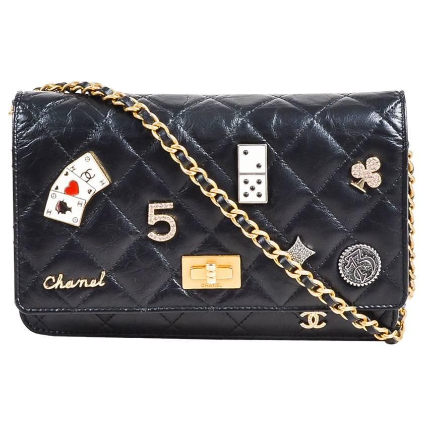 Chanel Black Leather Quilted "Lucky Charms Reissue" Wallet On Chain For Sale