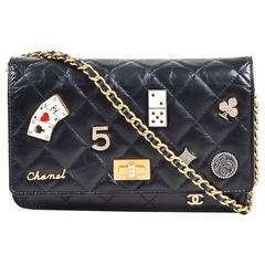 Chanel Black Leather Quilted "Lucky Charms Reissue" Wallet On Chain