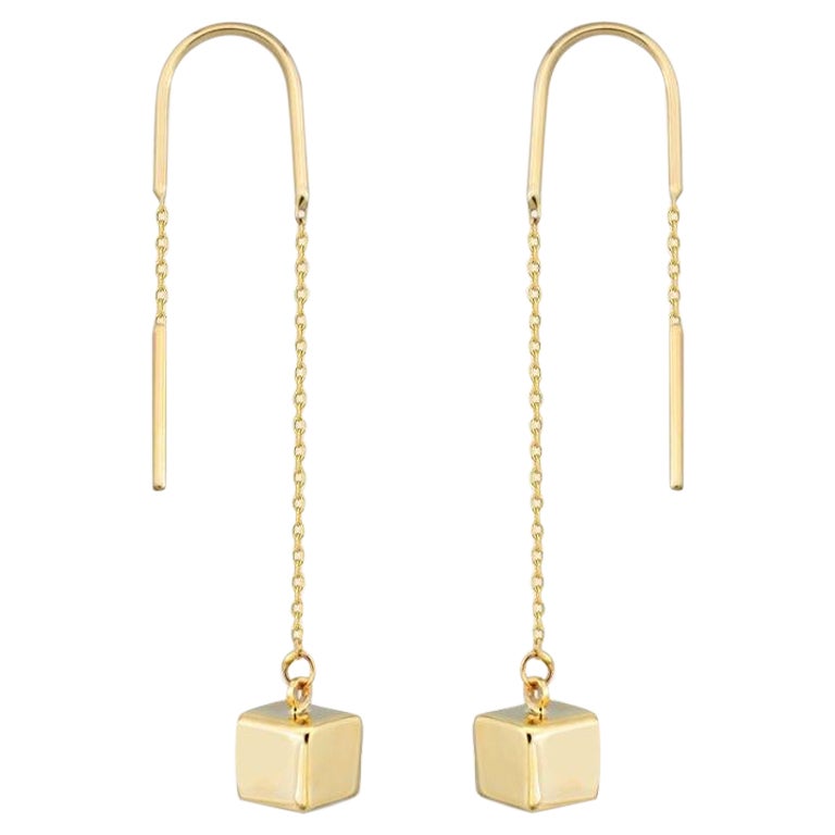 Cube Threader Earrings in 14K Solid Yellow Gold