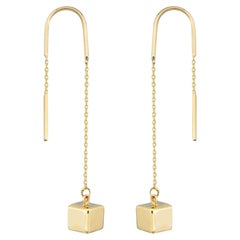 Cube Threader Earrings in 14K Solid Yellow Gold