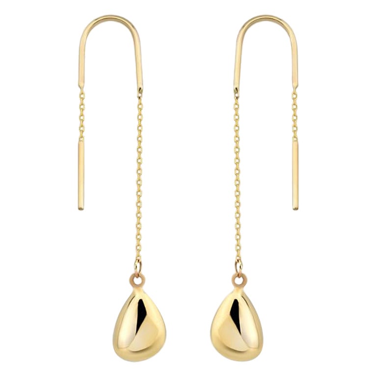 Threader Teardrop Dangle Earrings in 14K Solid Yellow Gold