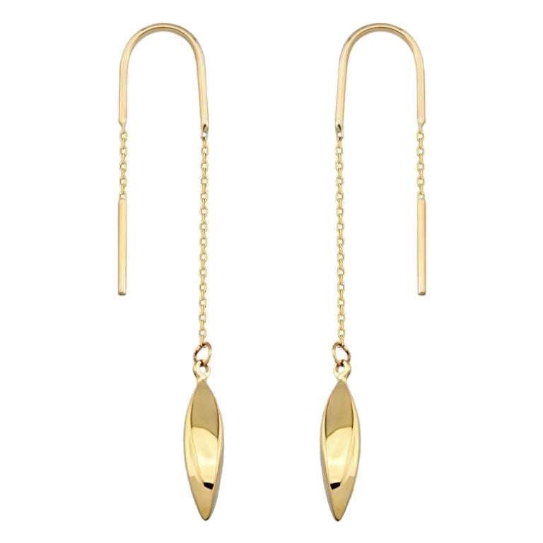 Oval Charm Dangle Threader Earrings in 14K Solid Yellow Gold