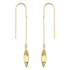 Oval Charm Dangle Threader Earrings in 14K Solid Yellow Gold