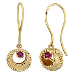 Ruby Hook Earrings in 14K Solid Yellow Gold