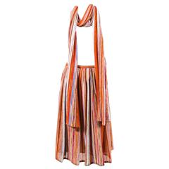 Vintage Lanvin Multicolor Striped Knit Pleated Midi Skirt With Scarf