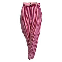 Ungaro Hot Pink & White Silk Stripe Pleat Front Tapered Ankle Pant 1980s 40