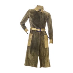 Used Gucci 1970s Sage Green Suede and Leather Tiger Head Trench Coat 