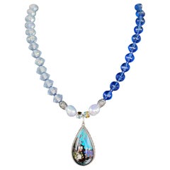LB offers 1920’s Butterfly wing hand painted glass Sterling pendant necklace