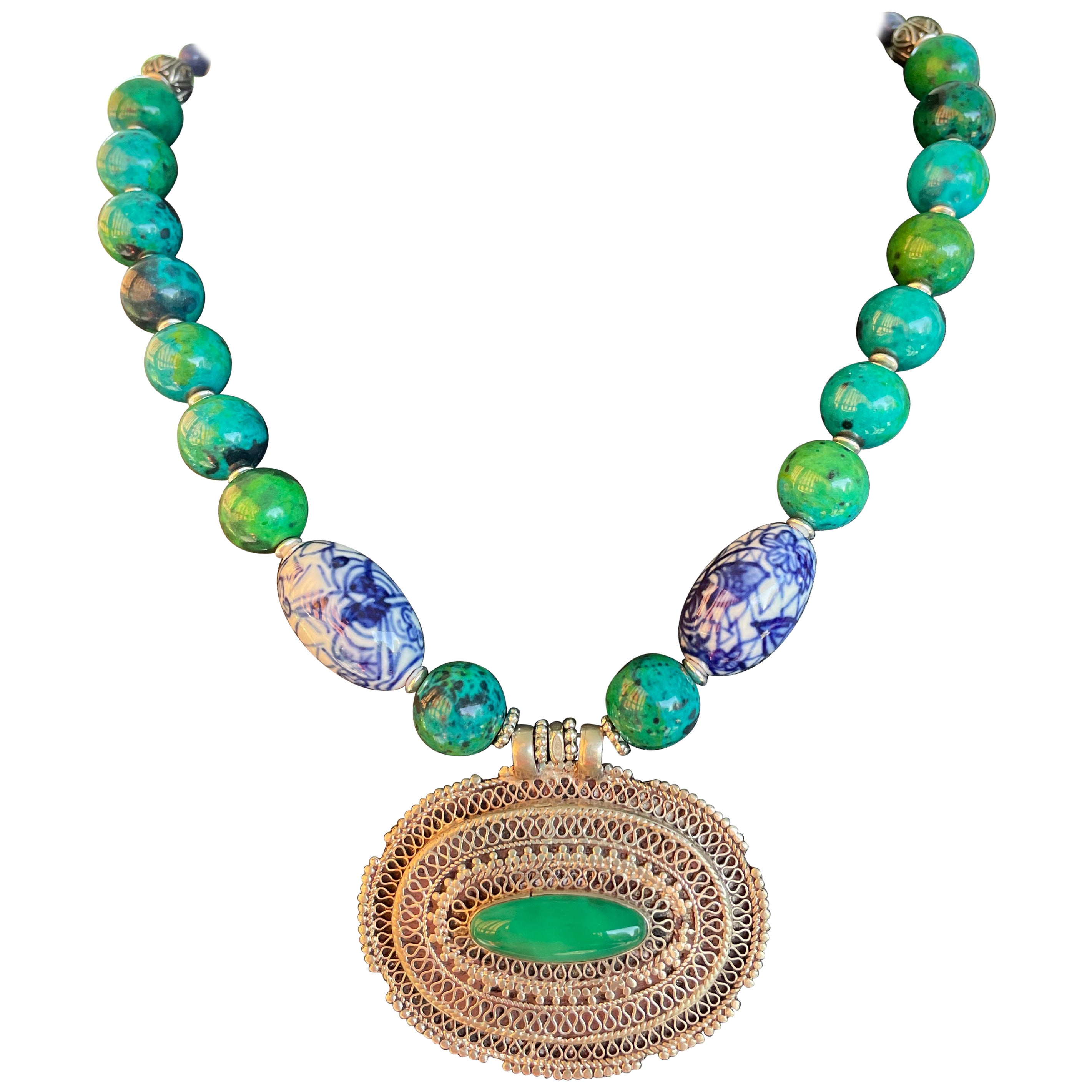 LB offers Vintage Tibetan pendant Chinese porcelain Azurite Lapis OOAK necklace For Sale