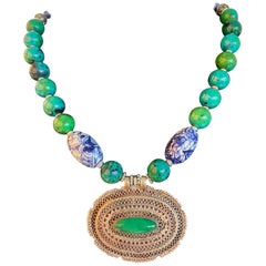 LB offers Vintage Tibetan pendant Chinese porcelain Azurite Lapis OOAK necklace