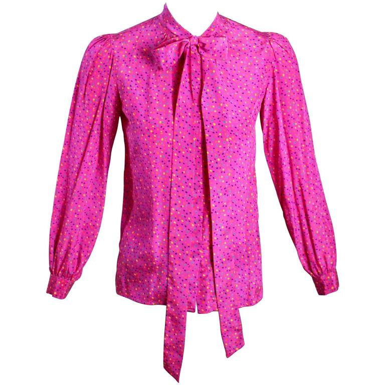 1970s Yves Saint Laurent Pink Confetti Print Silk Bow Tie Blouse YSL ...