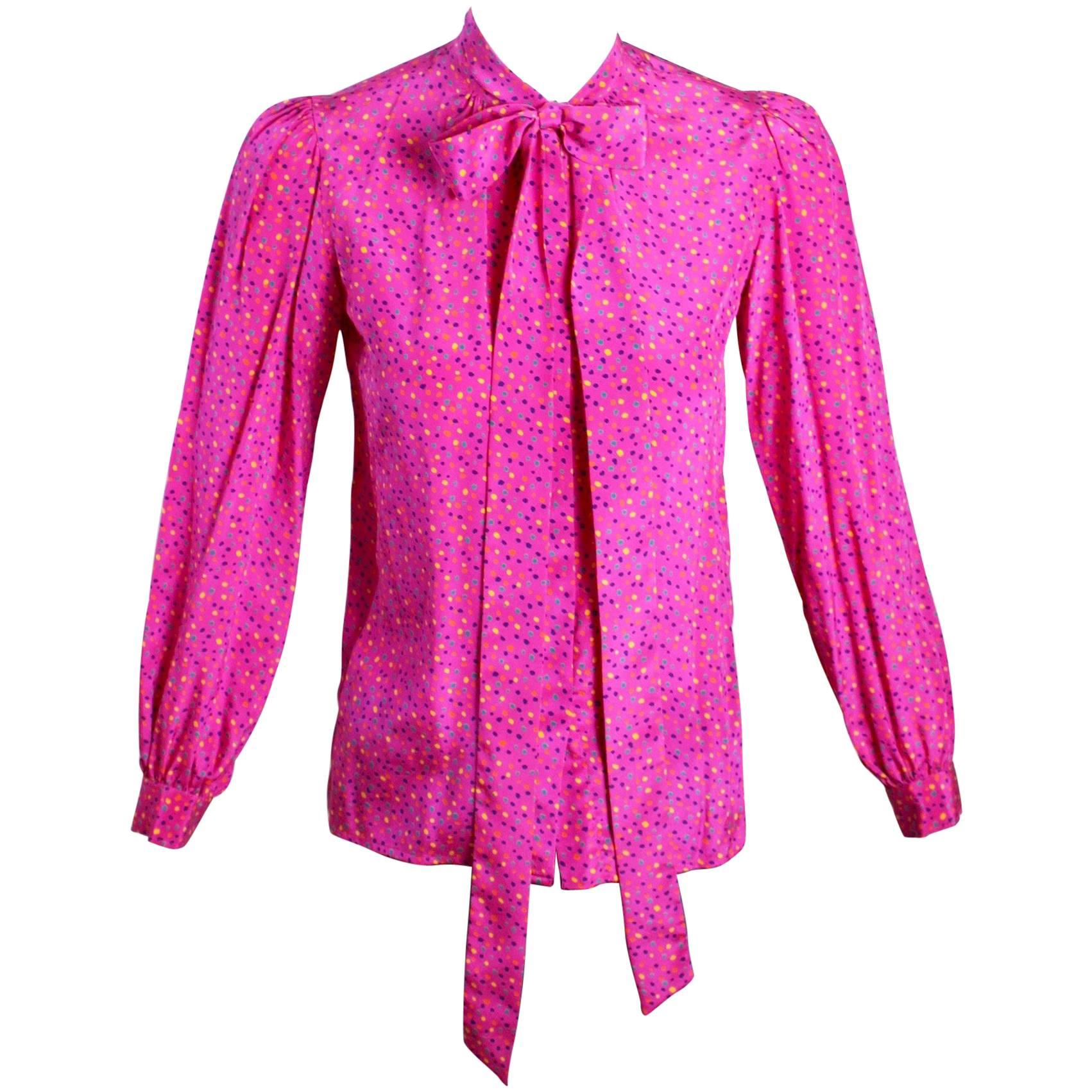 1970s Yves Saint Laurent Pink Confetti Print  Silk  Bow Tie Blouse YSL For Sale