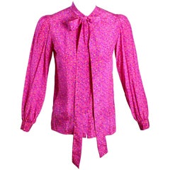 1970s Yves Saint Laurent Pink Confetti Print Silk Bow Tie Blouse YSL