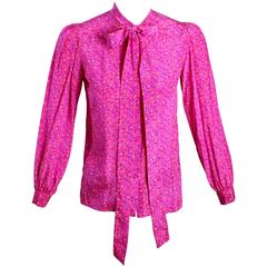 Retro 1970s Yves Saint Laurent Pink Confetti Print  Silk  Bow Tie Blouse YSL