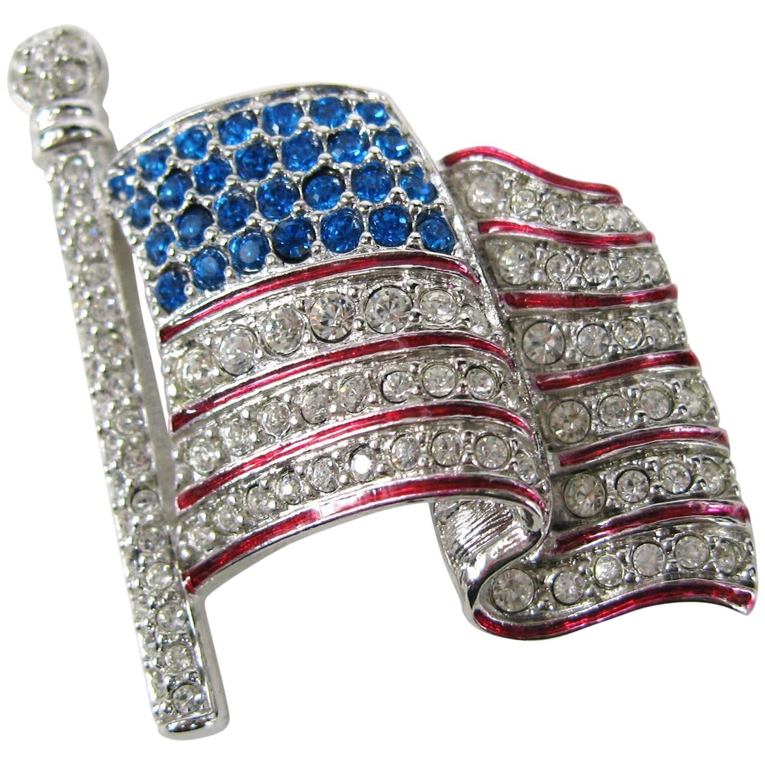 SWAROVSKI Crystal Red White & Blue American Flag Brooch Pin Never Worn