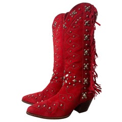 Used 1980s Susan Warren Edwards Red Suede Fringed and Studded Cowbow Western Boots