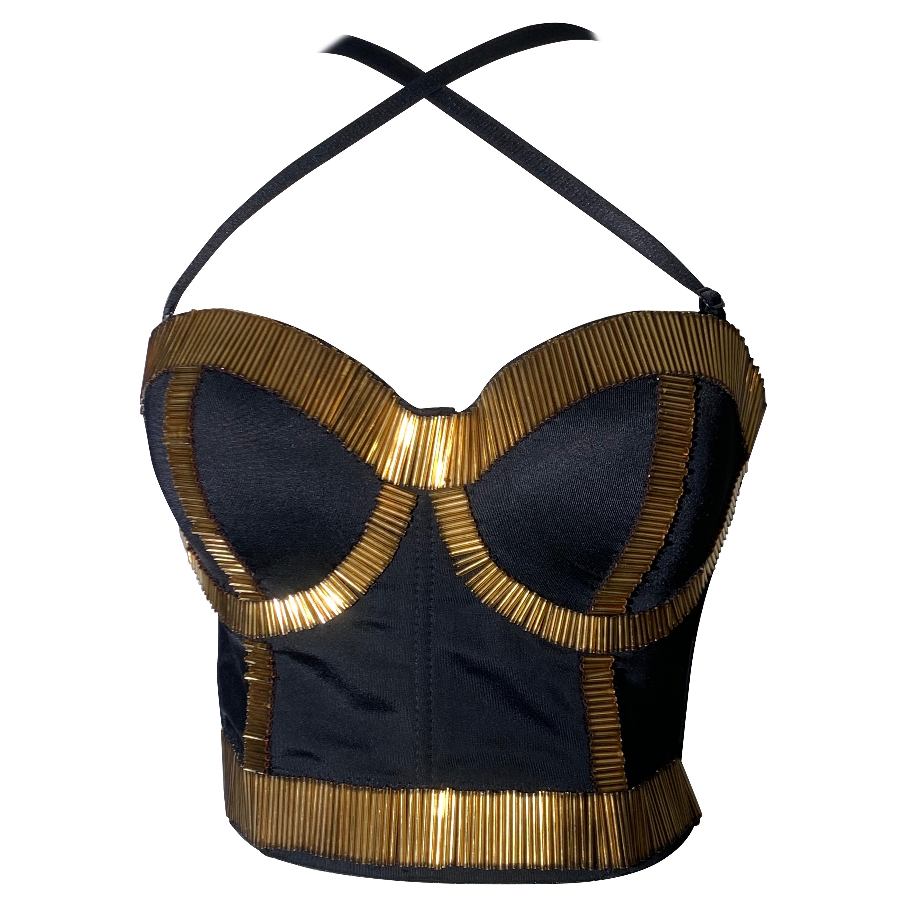 80s-Inspired Spandex Bustier w/ Long Gold Bugle Bead Edging & Adjustible Straps For Sale