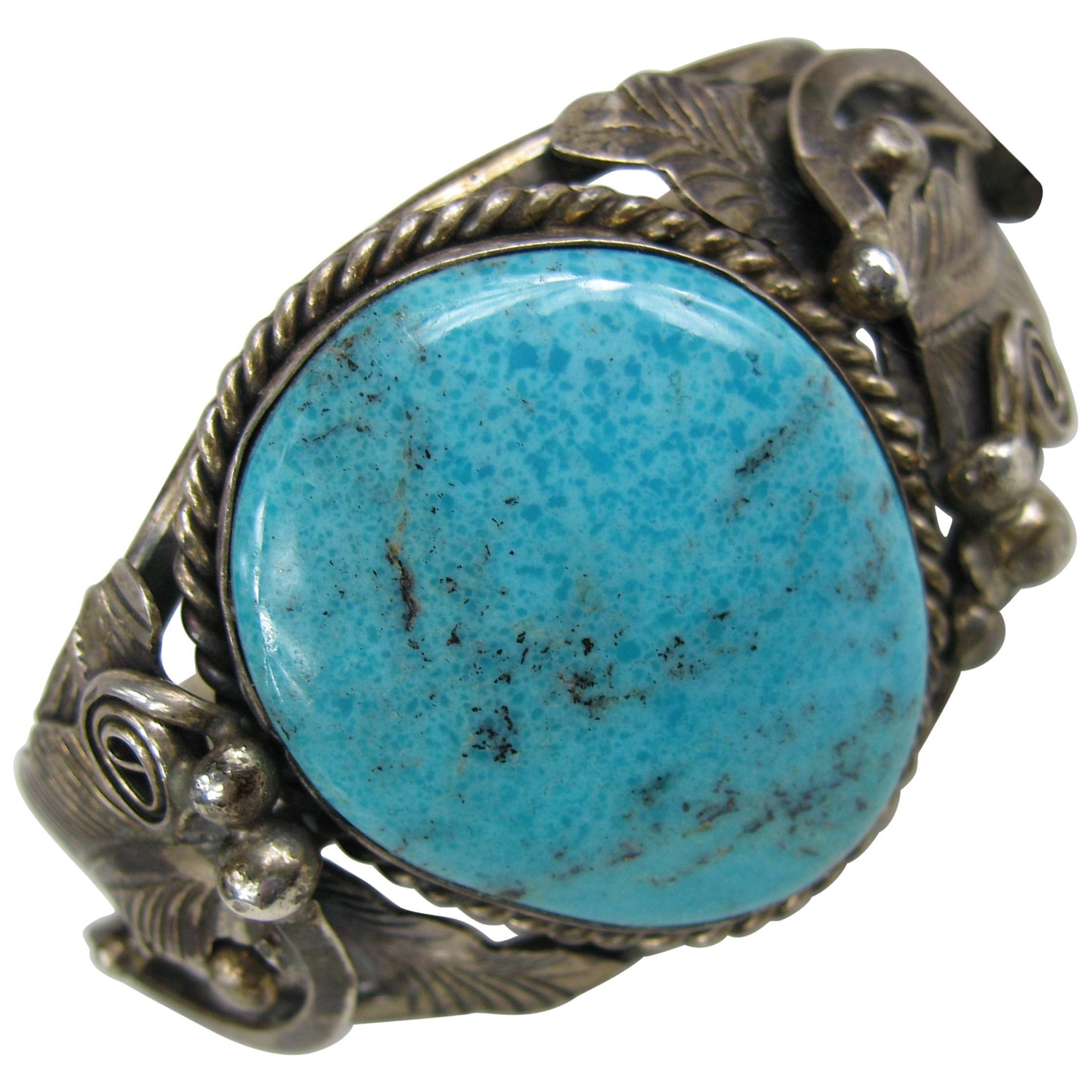 Sterling Silver Native American Navajo Large Turquoise stone Cuff Bracelet