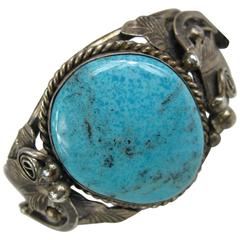 Vintage Sterling Silver Native American Navajo Large Turquoise stone Cuff Bracelet