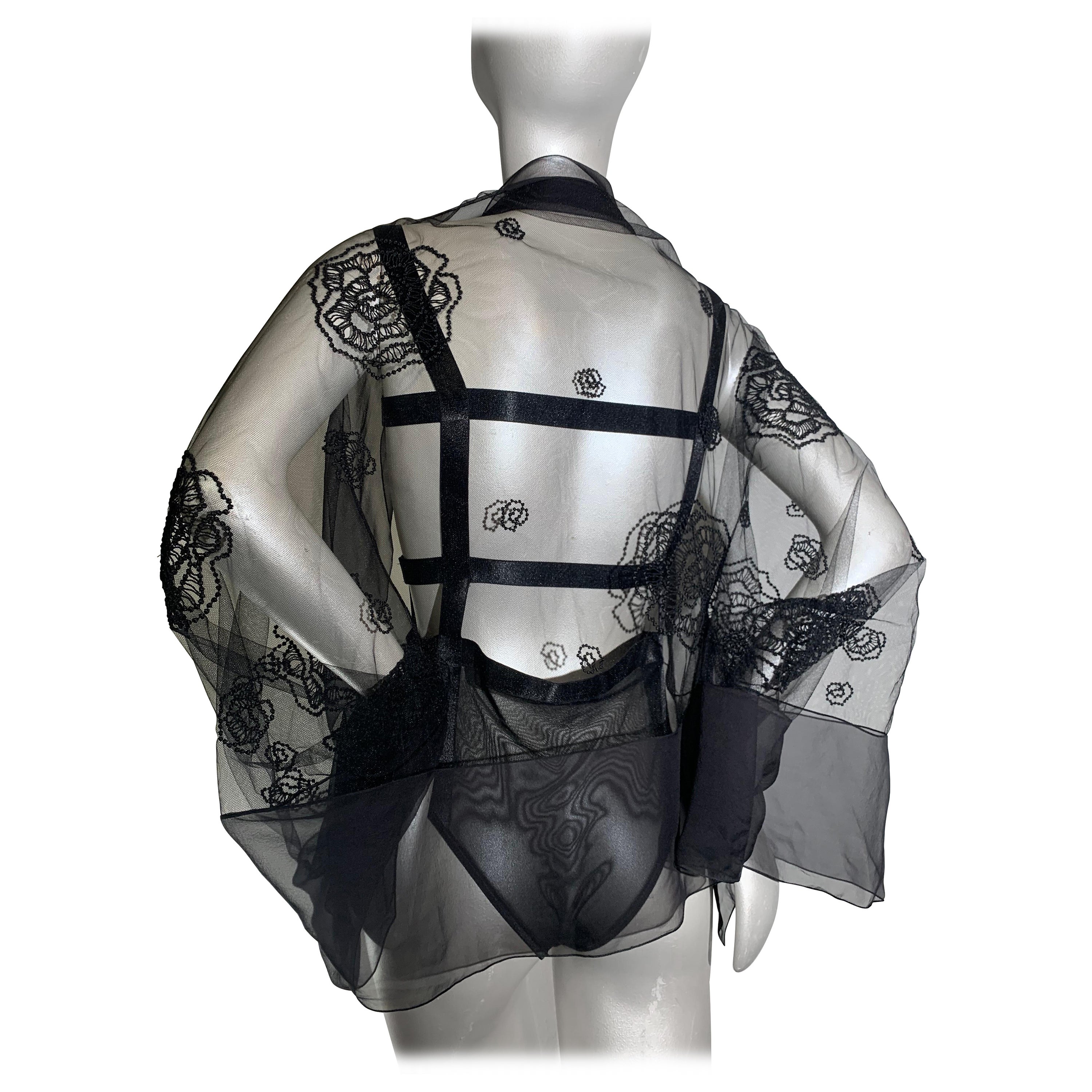2-Piece Lingerie Set: Black Bondage-Style Bodysuit w/ Embroidered Lace Shrug For Sale