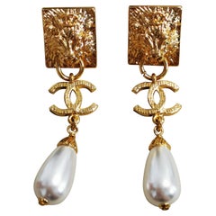 Chanel Large Rhinestone CC Drop Pearl Dangling Earrings