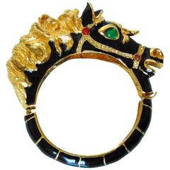 Black Horse Clamper Bracelet Enamel Jeweled Equestrian Motif 1970s 6