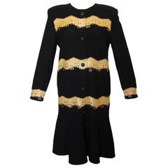 Steve Fabrikant Black Knit Cocktail Dress with Gold Stud Details Size M/L 1980s 10