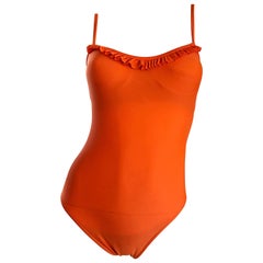 Vintage Oscar de la Renta Bright Neon Orange 1990s One Piece Swimsuit Bodysuit