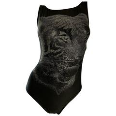 Seltener Oscar de la Renta Vintage Tiger 3 - D 90er Jahre Schwarz und Gold Badeanzug Bodysuit