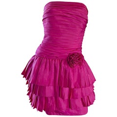 Retro TADASHI 1990s Hot Pink Fuchsia Taffeta Strapless 90s Pouf Cocktail Dress