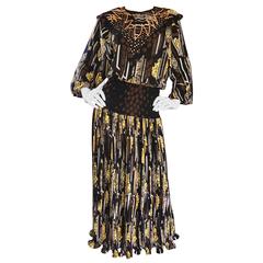 Chic Retro Diane Freis 1980s Autumnal Feather Print 80s Boho Hippie Dress 