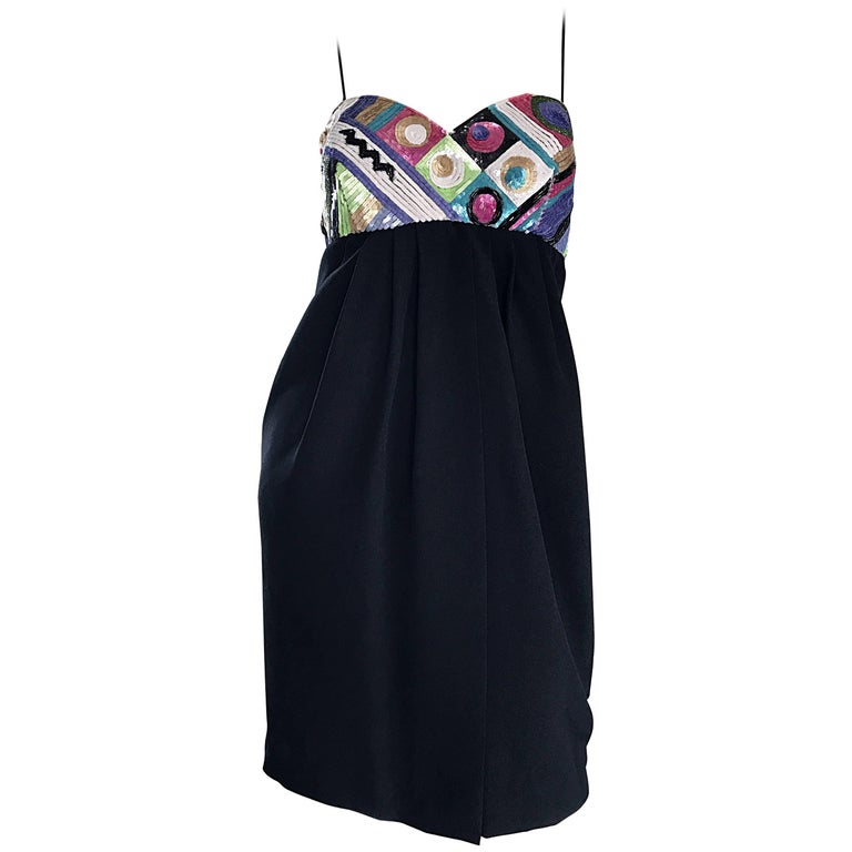 1990s Liyiz Vintage Early 90s Black Crepe Colorful Sequin Babydoll Empire Dress For Sale at 1stDibs 1990s Liyiz Vintage Early 90s Black Crepe Colorful Sequin Babydoll Empire Dress For Sale at 1stDibs