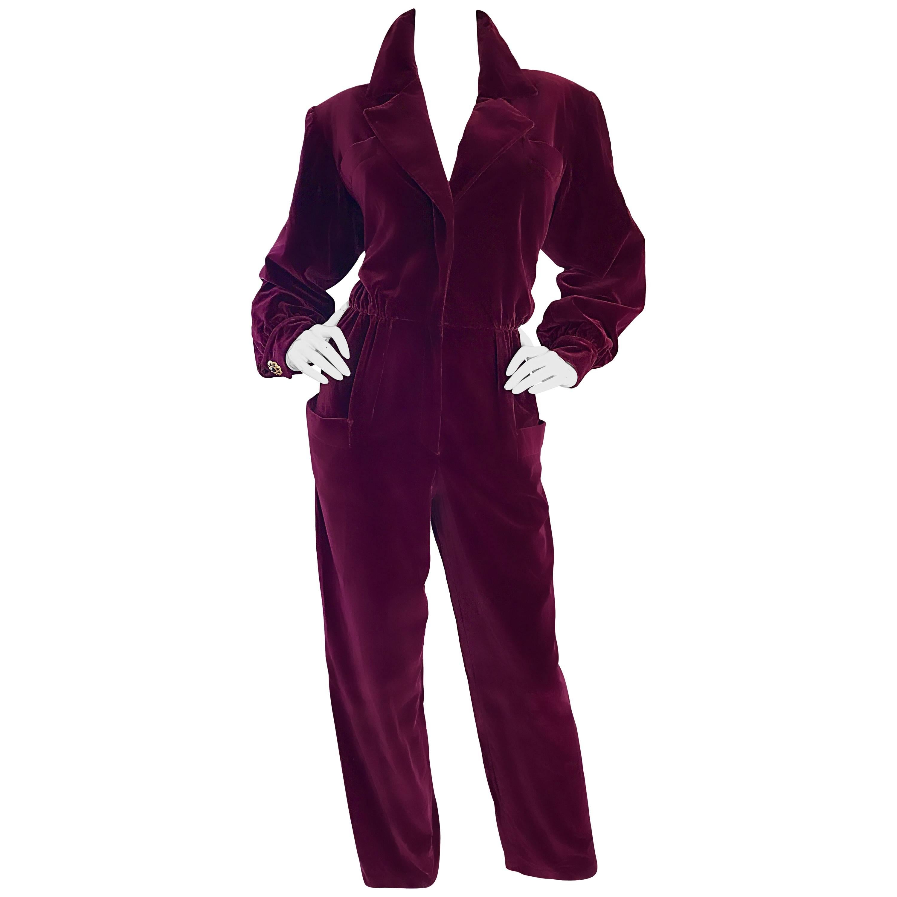 Rare Vintage YSL Yves Saint Laurent Rive Gauche Burgundy Velvet 1970s Jumpsuit